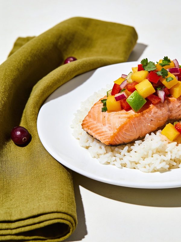 A steamed salmon fillet on white rice, topped with mango salsa and served with lime wedges.