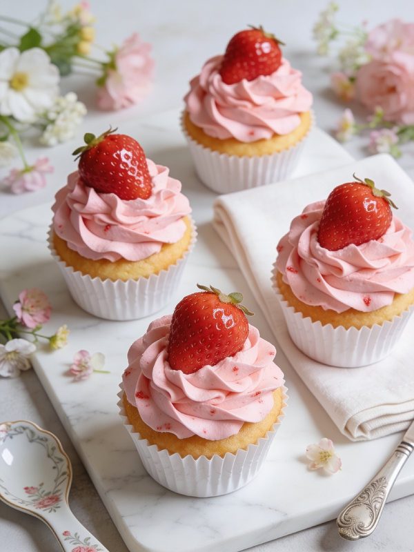 Golden vanilla cupcakes in white liners with ruffled pink strawberry buttercream and a whole fresh strawberry on top, on a white marble board.