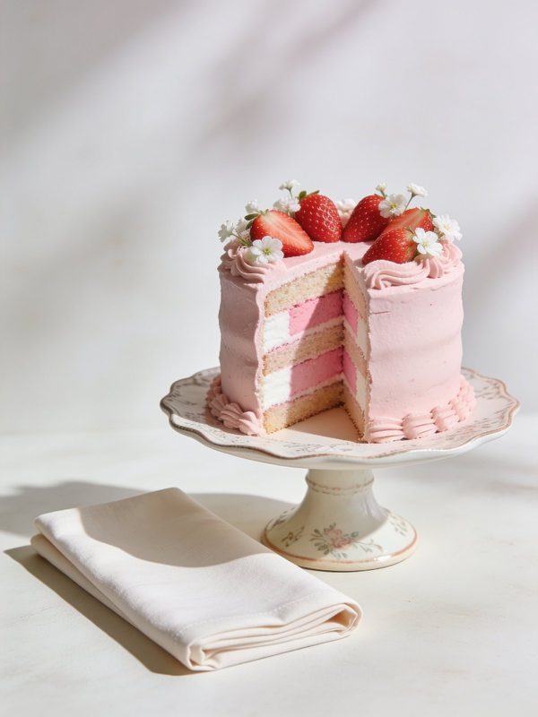 A tall pastel pink strawberry layer cake with a slice cut out showing pink and white layers, topped with fresh strawberries and small white flowers, on a cake stand.