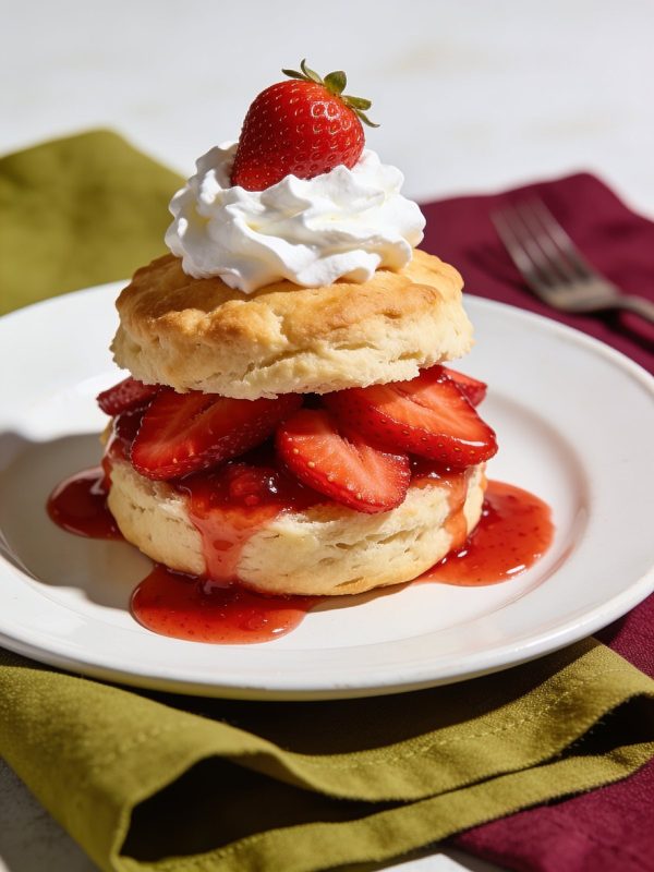 A golden biscuit split and filled with sliced strawberries in red syrup, topped with whipped cream and a whole strawberry.