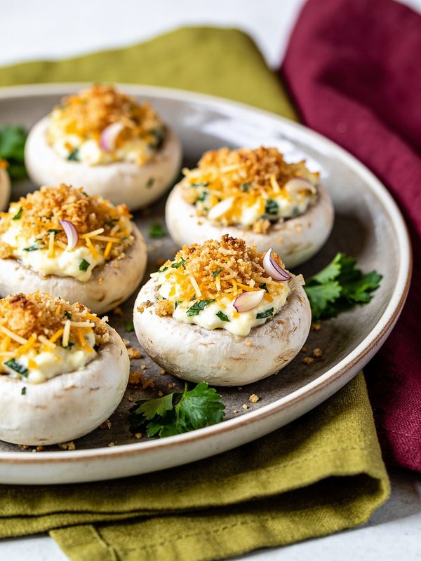 Baked white mushroom caps filled with creamy herb cheese and topped with golden breadcrumbs and shredded cheddar, garnished with parsley on a plate.