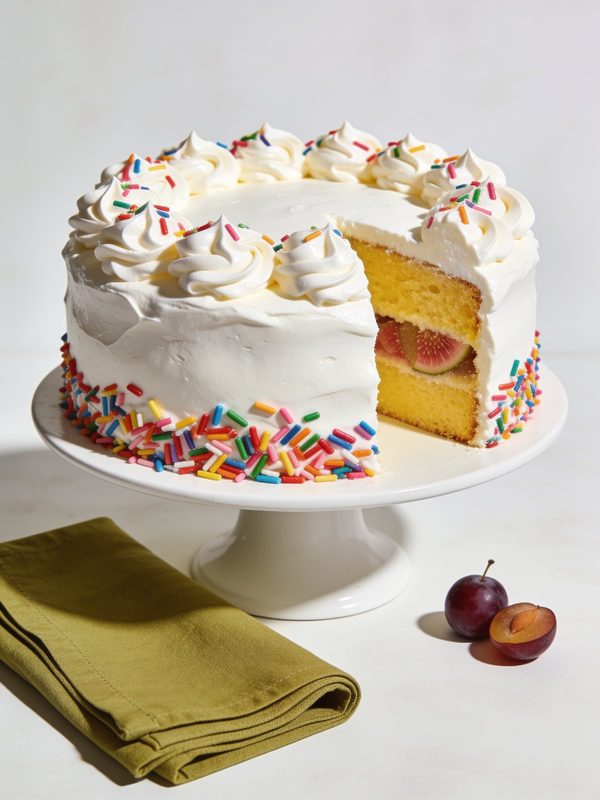 Un bizcocho de cumpleaños boricua cubierto de merengue blanco y brillante, con picos suaves y chispitas de colores.