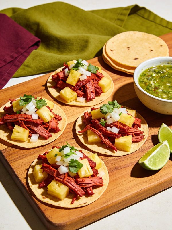 Four tacos al pastor on a wooden board with red marinated pork, pineapple chunks, white onion and cilantro, next to corn tortillas, salsa verde and lime wedges.