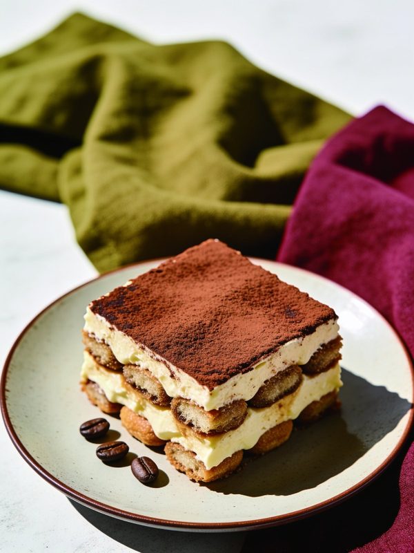 A square slice of tiramisu with layers of coffee-soaked ladyfingers and mascarpone cream under a dusting of cocoa, with coffee beans on the plate.