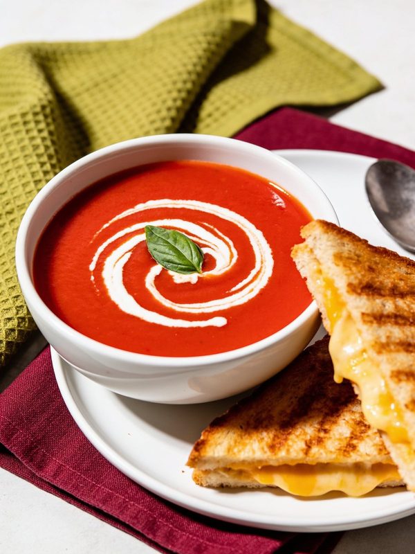 A bowl of smooth red tomato soup with a cream swirl and a basil leaf, next to a golden grilled cheese sandwich cut into triangles with melted cheddar.