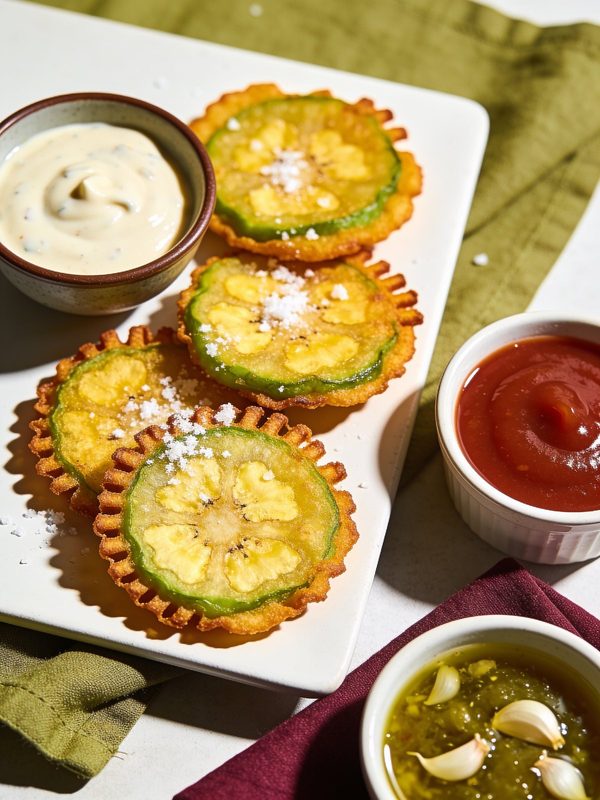 Golden tostones sprinkled with coarse salt, with small bowls of creamy dip, red sauce and garlic mojo.