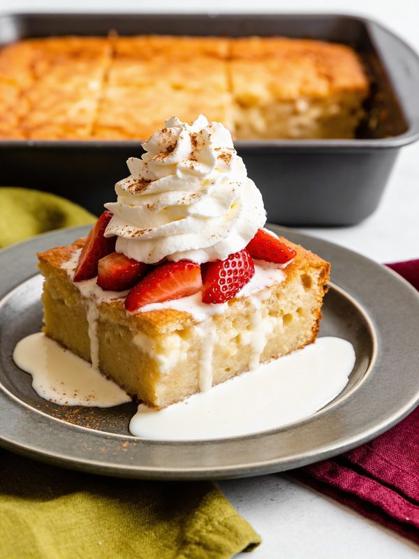 A square of tres leches cake topped with whipped cream and cinnamon, sitting in a puddle of sweet milk.