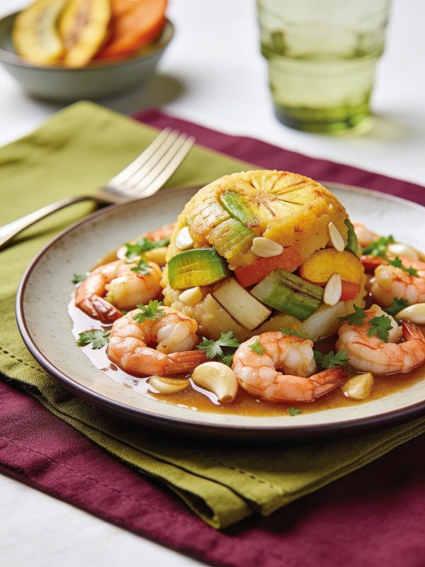 A dome of trifongo topped with garlic slices, surrounded by shrimp in garlic sauce with cilantro.