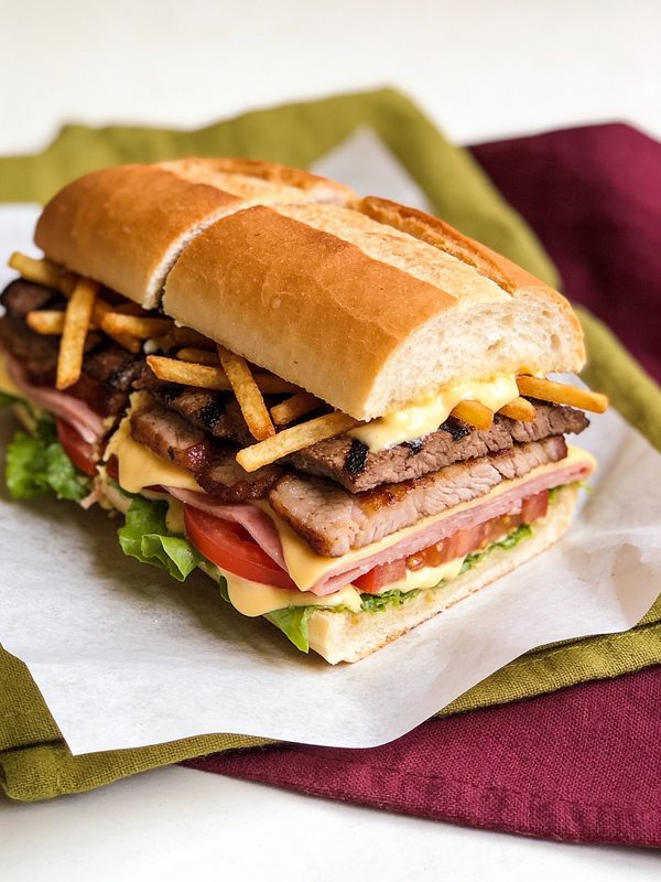 A long tripleta sandwich filled with grilled steak, ham, melted cheese, lettuce, tomato, garlic mayo and potato sticks.