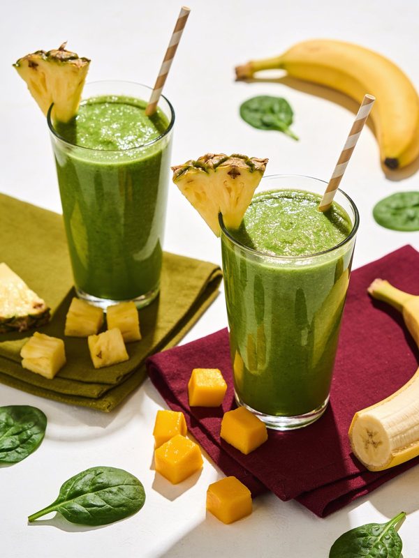 Two tall glasses of bright green smoothie with pineapple wedges on the rims.