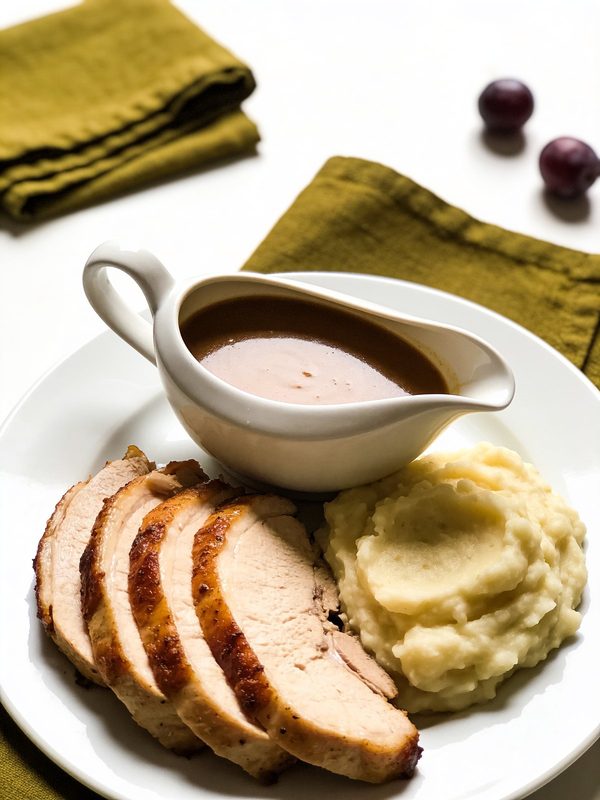 A white gravy boat of smooth brown turkey gravy next to sliced roast turkey and mashed potatoes.