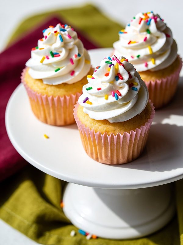 Three vanilla cupcakes in pink paper liners with swirls of white buttercream and rainbow sprinkles on a white cake stand.
