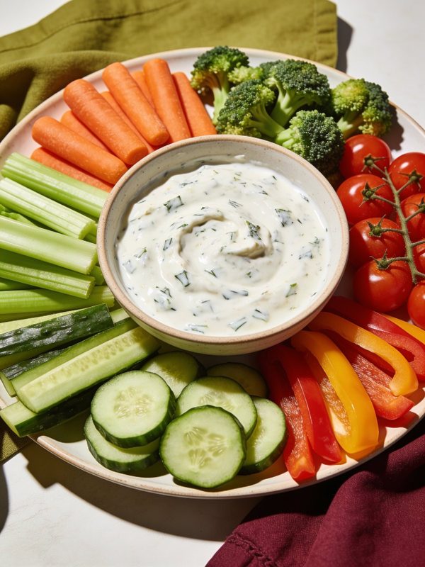 A large platter of baby carrots, celery, broccoli, cherry tomatoes, cucumber and bell pepper strips around a bowl of creamy herb ranch dip.