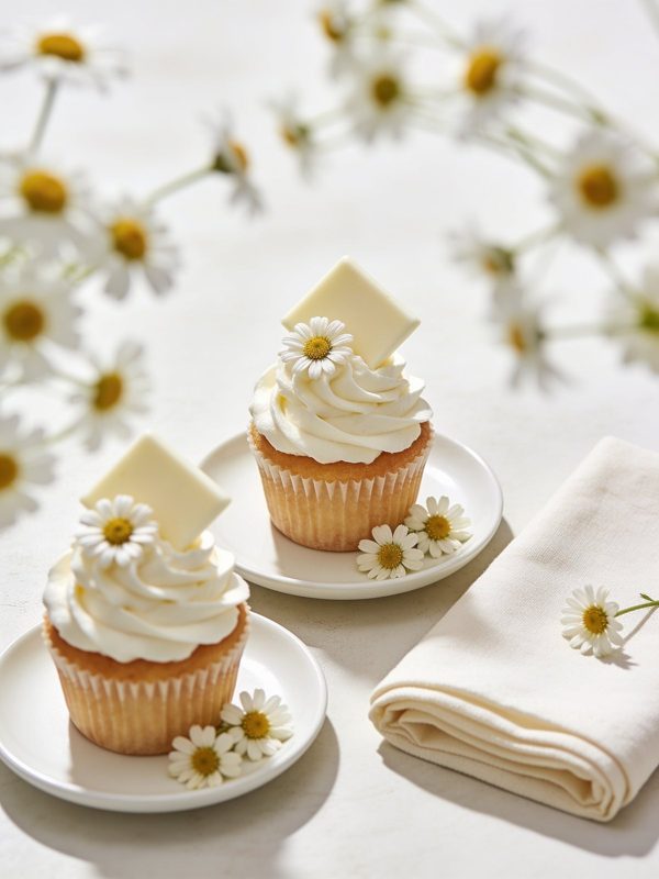 Two cupcakes with tall white buttercream swirls, a square of white chocolate and tiny daisies on small white plates, with more daisies around them.