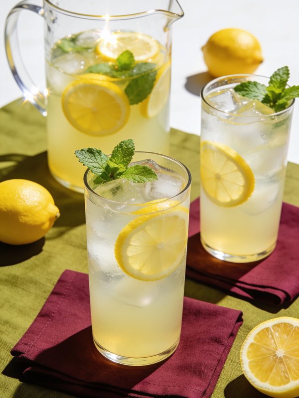 A glass pitcher of pale yellow lemonade with ice, lemon slices and mint.
