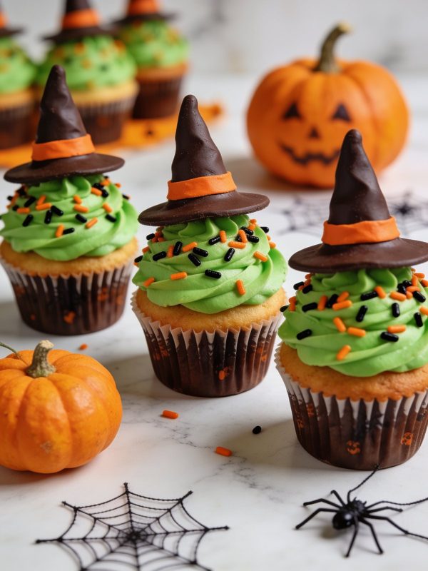 Vanilla cupcakes with bright green buttercream, orange and black sprinkles and little chocolate witch hats with orange bands.