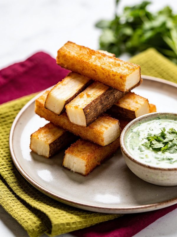 Thick sticks of fried yuca stacked on a plate, with a small bowl of creamy green cilantro sauce.
