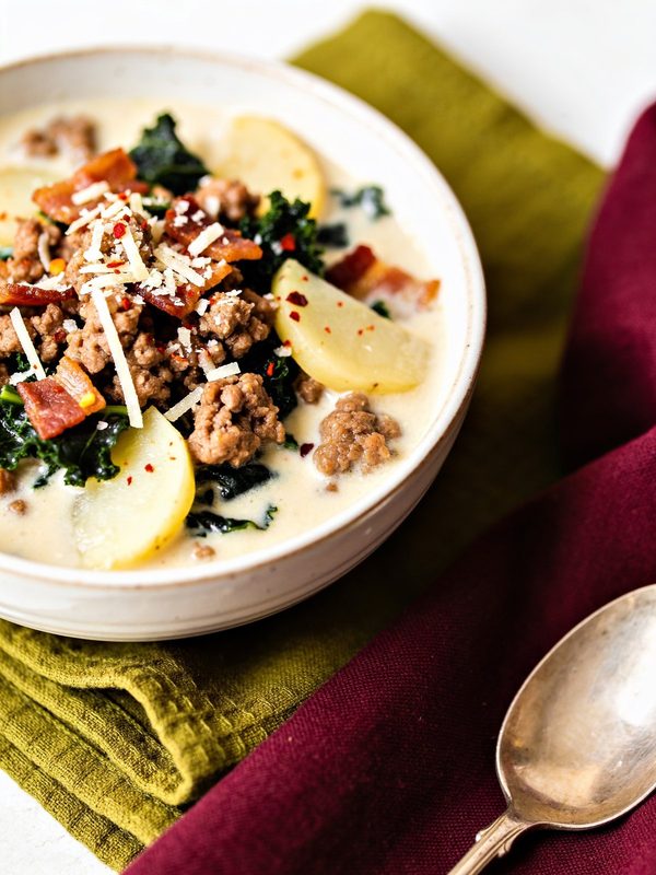 A bowl of creamy soup with crumbled sausage, potato slices, kale and bacon, topped with Parmesan and red pepper flakes.
